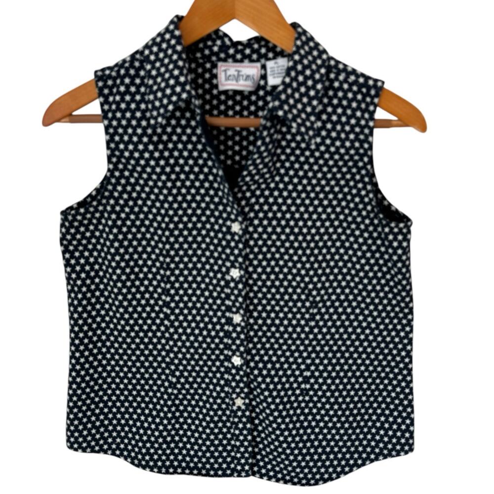 TANTRUMS Navy with White Stars Vintage Sleeveless Blouse Womens PM Patriotic - Picture 7 of 11
